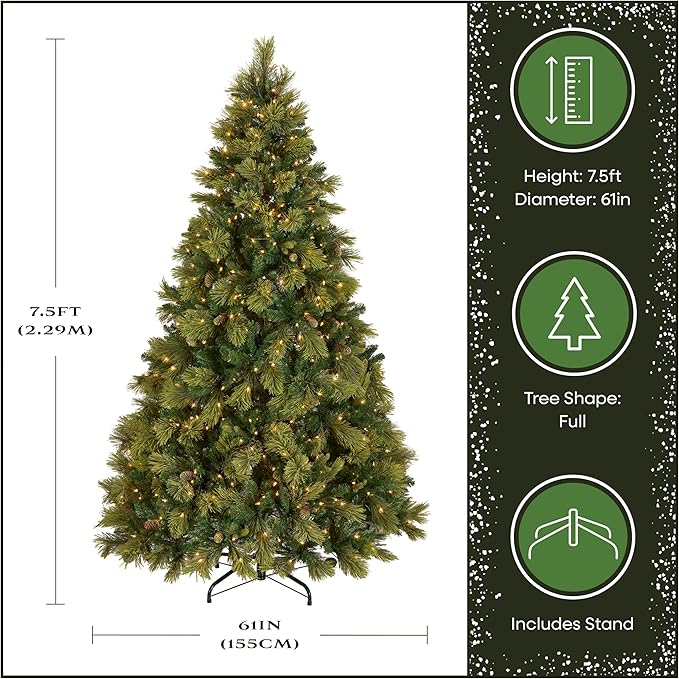 National Tree Company 7.5 ft Pre-Lit Carolina Pine Artificial Christmas Tree, 750 Clear Lights, 1,399 Tips, Includes Stand, Green