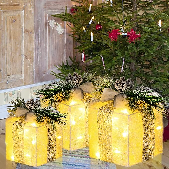 Hourleey 3-Piece Christmas Light Gift Box Set - 60 LED Pre-Lit Festive Boxes, Warm White Fairy Light Decor for Indoor/Outdoor Christmas Home, Yard & Lawn Decoration