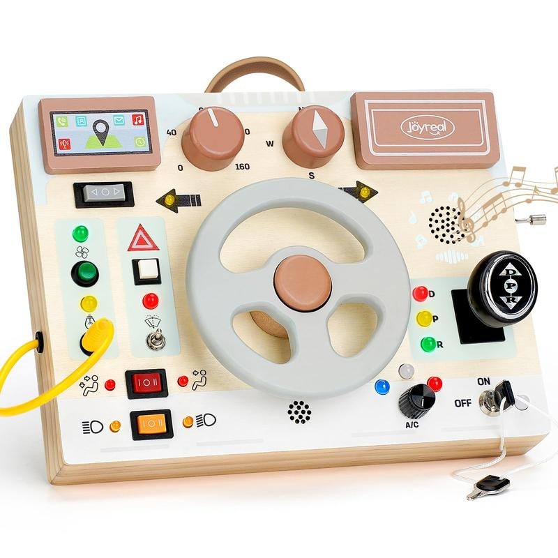 Joyreal Montessori Sensory Toys, Square-Shaped Wooden Busy Board with LED Light Up Switches,  Portable Learning Kids Toys,Christmas Gifts Ideas