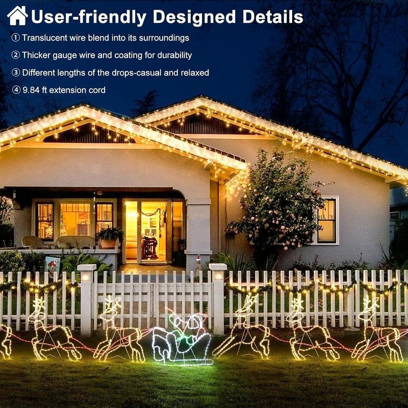 echosari Icicle Lights 66ft 600 LED Christmas Lights Outdoor for Outside House with Connectable Clear Wire 8 Modes Timer Plug in Waterproof for Eaves Yard Party Indoor Holiday Decoration Set Switch Warm White