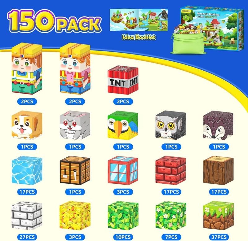 150 PCS Magnetic Blocks with Drawstring Bag Mine Magnet World Building Toys STEM Montessori Sensory Toys Birthday Couple Christmas Gifts