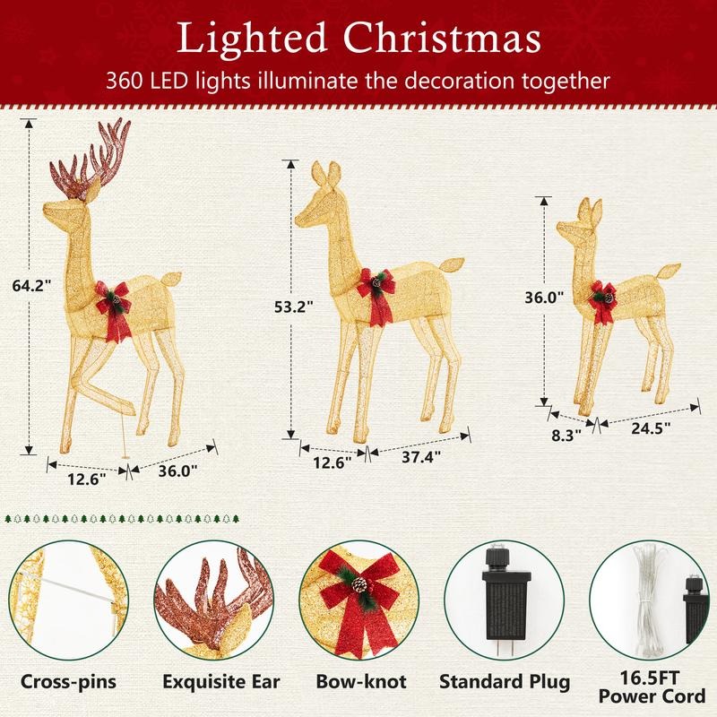 3-Piece Large Lighted Christmas Deer Family Set - 5.3Ft with 360 Bright LED Warm Lights Standing Reindeer, Lawn Decor, Indoor Outdoor Front Yard Holiday Decoration, Stakes, Zip Ties, Gold