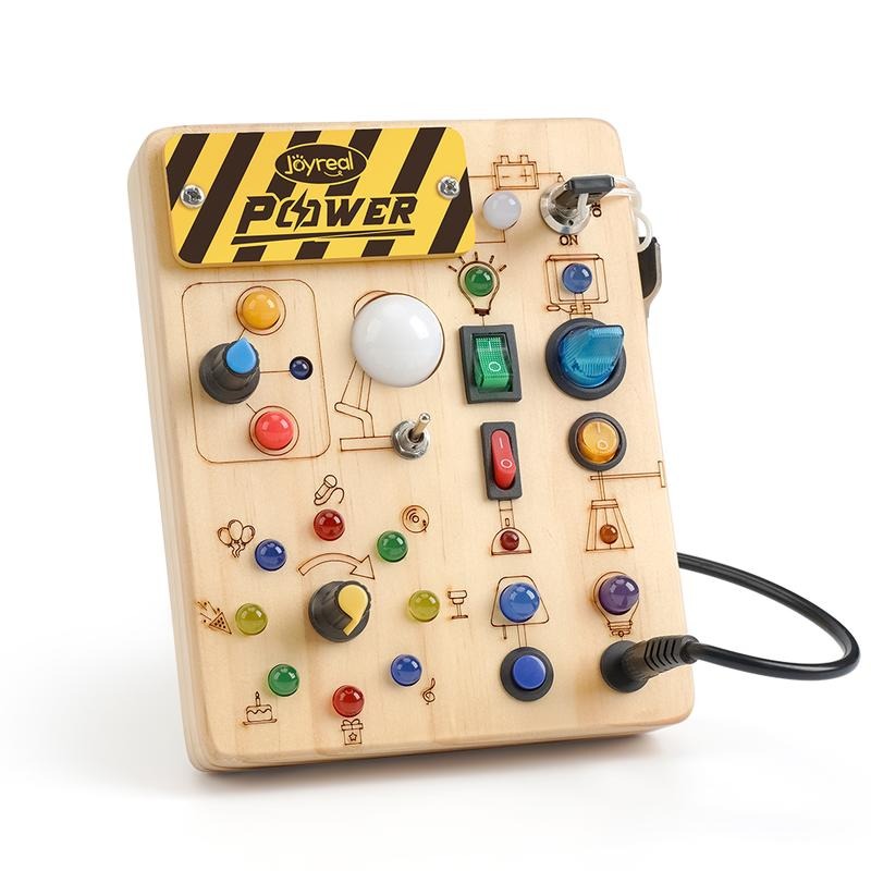 Joyreal Montessori Sensory Toys, Square-Shaped Wooden Busy Board with LED Light Up Switches,  Portable Learning Kids Toys,Christmas Gifts Ideas