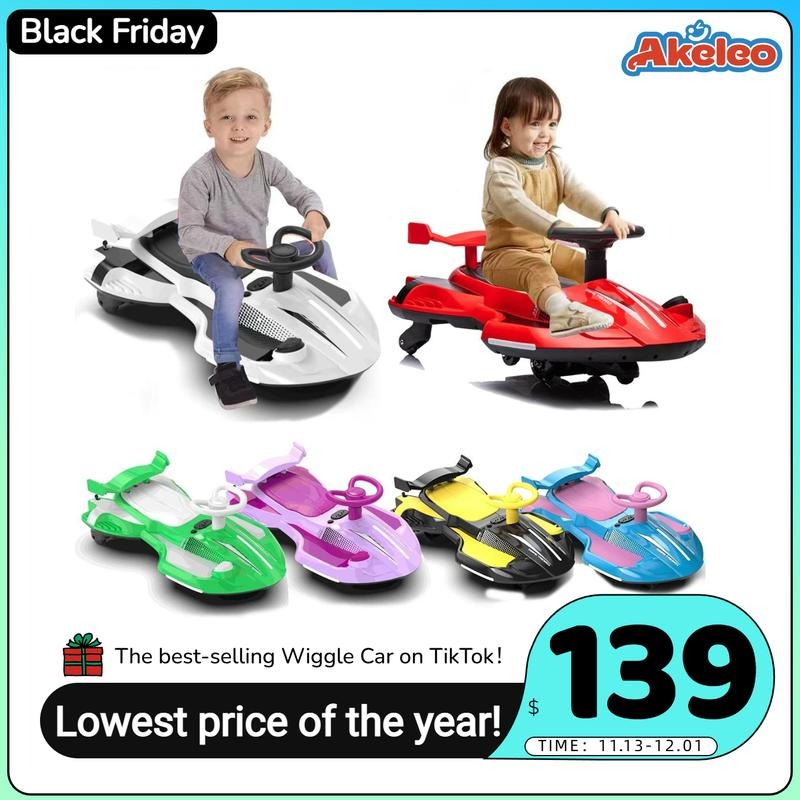 【Akeleo】12V Electric Wiggle Car with Pedal, 2 in 1 Wiggle Car Ride On Toys for Kids Ages 3 and Up, Anti-Rollover Flashing Wheels, Bluetooth, Music2,Halloween&Christmas gifts,Devil Drift Car