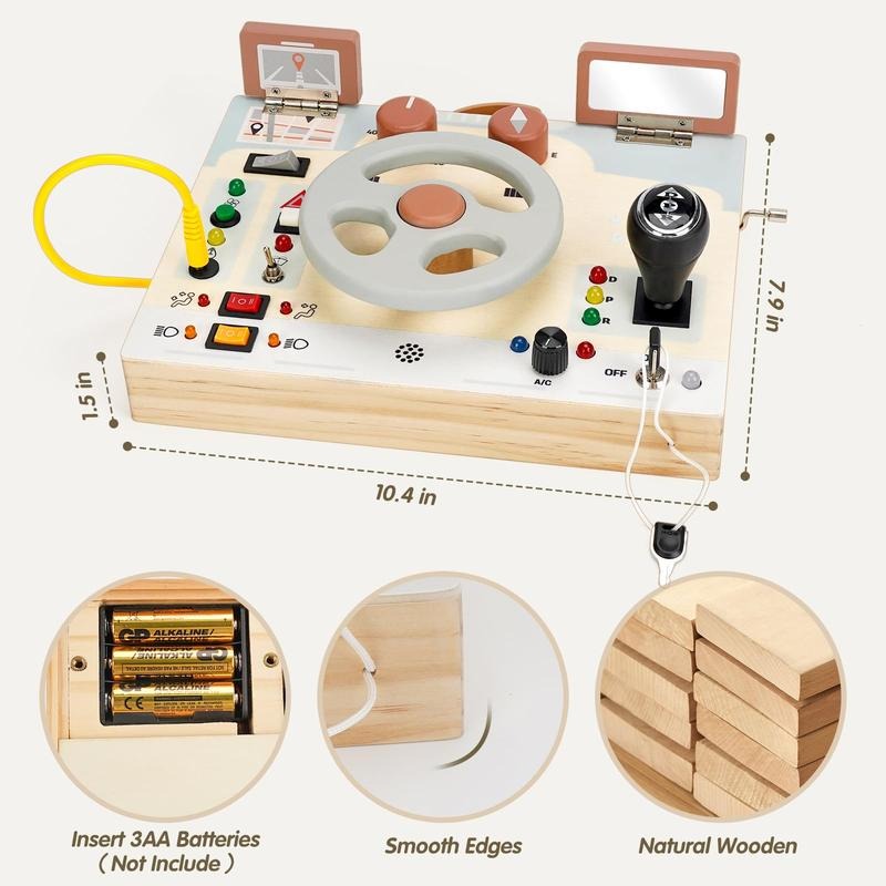 Joyreal Montessori Sensory Toys, Square-Shaped Wooden Busy Board with LED Light Up Switches,  Portable Learning Kids Toys,Christmas Gifts Ideas