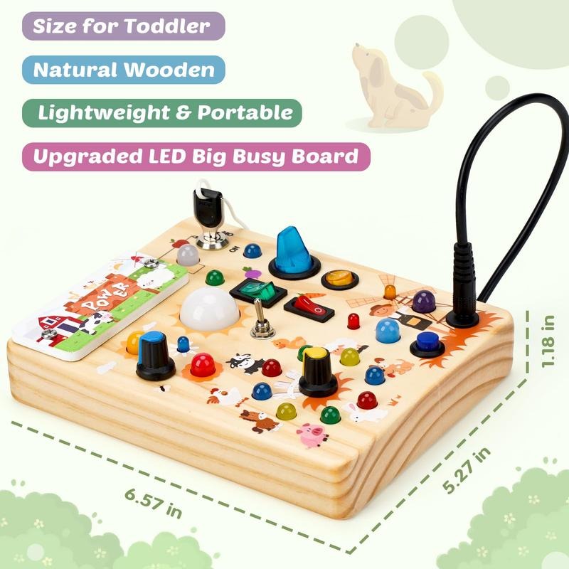 Joyreal Montessori Sensory Toys, Square-Shaped Wooden Busy Board with LED Light Up Switches,  Portable Learning Kids Toys,Christmas Gifts Ideas