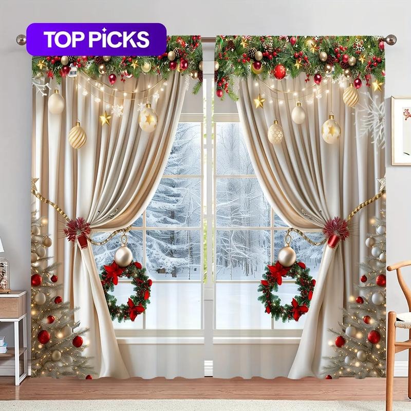 2 pieces, 2D flat printed gold luxury Christmas simulation printed curtains, pole pocket style, semi sunshade polyester fiber, suitable for home living room, bedroom, study, and coffee shop Christmas window decoration, Easy Install Curtain