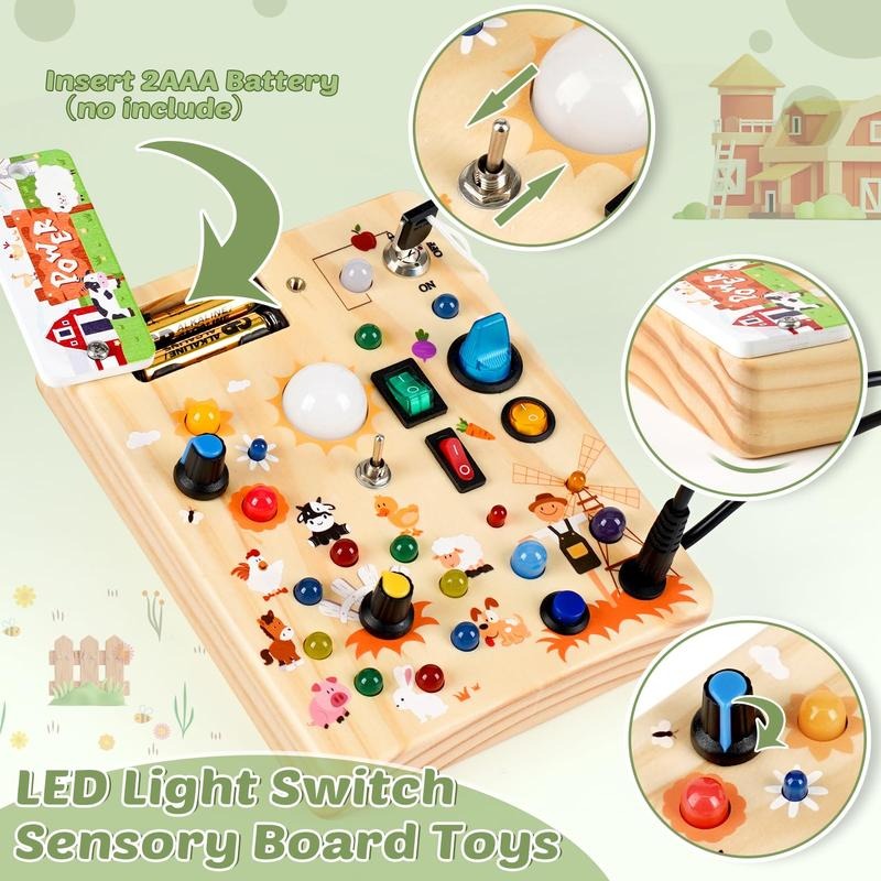 Joyreal Montessori Sensory Toys, Square-Shaped Wooden Busy Board with LED Light Up Switches,  Portable Learning Kids Toys,Christmas Gifts Ideas