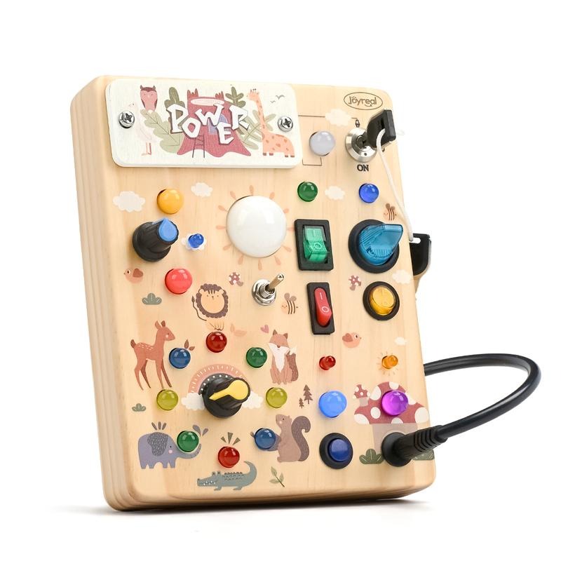 Joyreal Montessori Sensory Toys, Square-Shaped Wooden Busy Board with LED Light Up Switches,  Portable Learning Kids Toys,Christmas Gifts Ideas