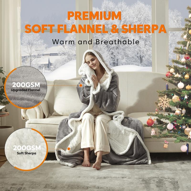 【Black Friday】DOWNCOOL Wearable Electric Heated Blanket with Sleeves & Hood & Foot Pockets Flannel Sherpa Blanket for Adults Heated Blanket with 1-12 Hours Auto-off & 10 Heat Settings 50x70 Inch electric heating for Bedroom Home