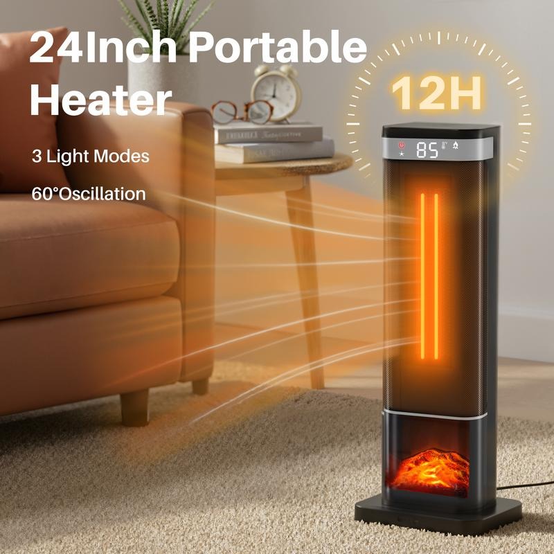 24inch Space Heaters for Indoor Use, Portable Heater with 3 Light Colors, Adjustable Thermostat with Remote, Tip-over Protection Up to 95°F, 60°Oscillation,stop operating 30 seconds after the power is cut off.