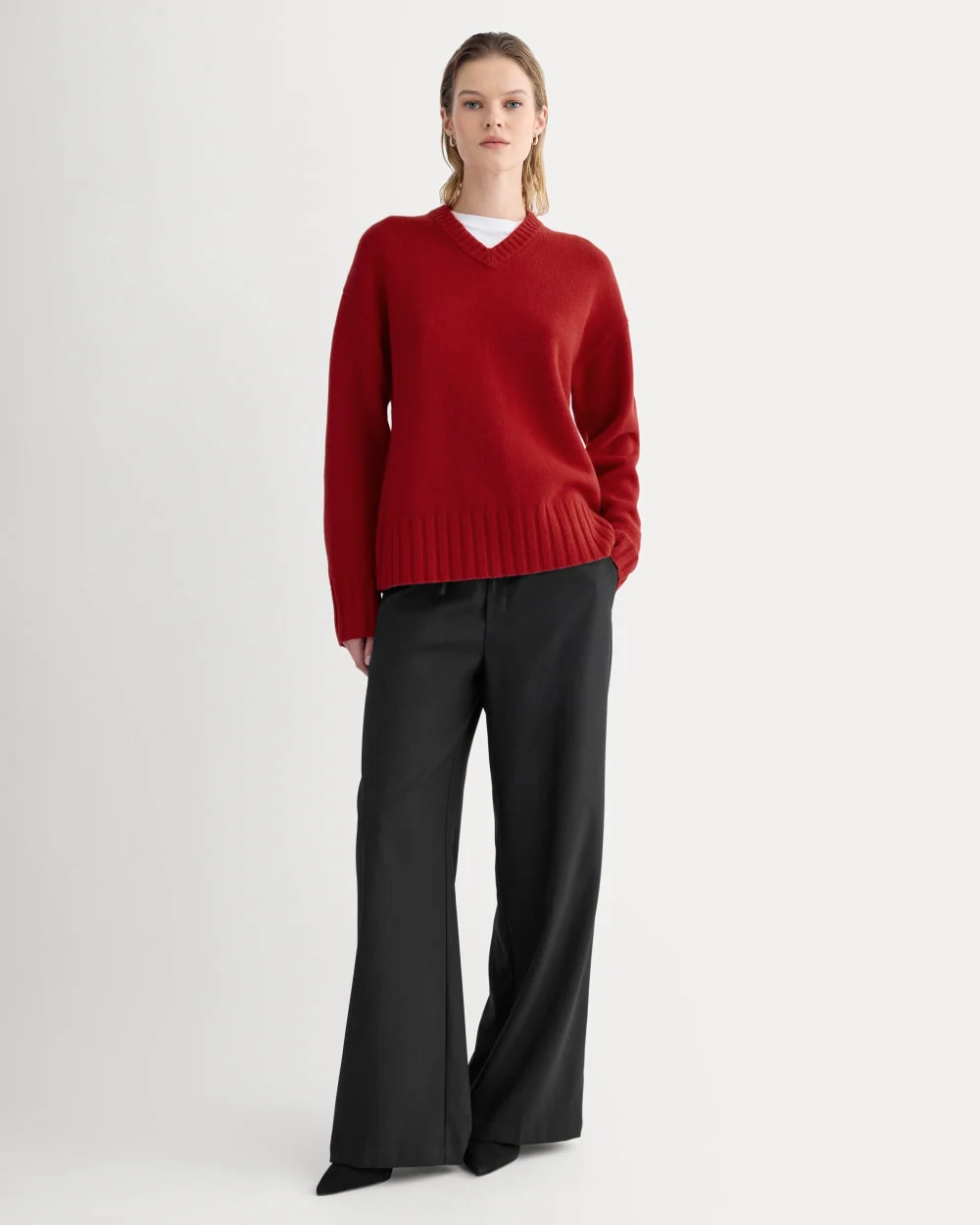 V-Neck Sweater in Extrafine Luxe Merino | Berry Red