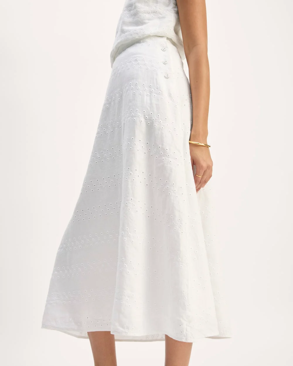 The Linen Eyelet Midi Skirt | White Eyelet