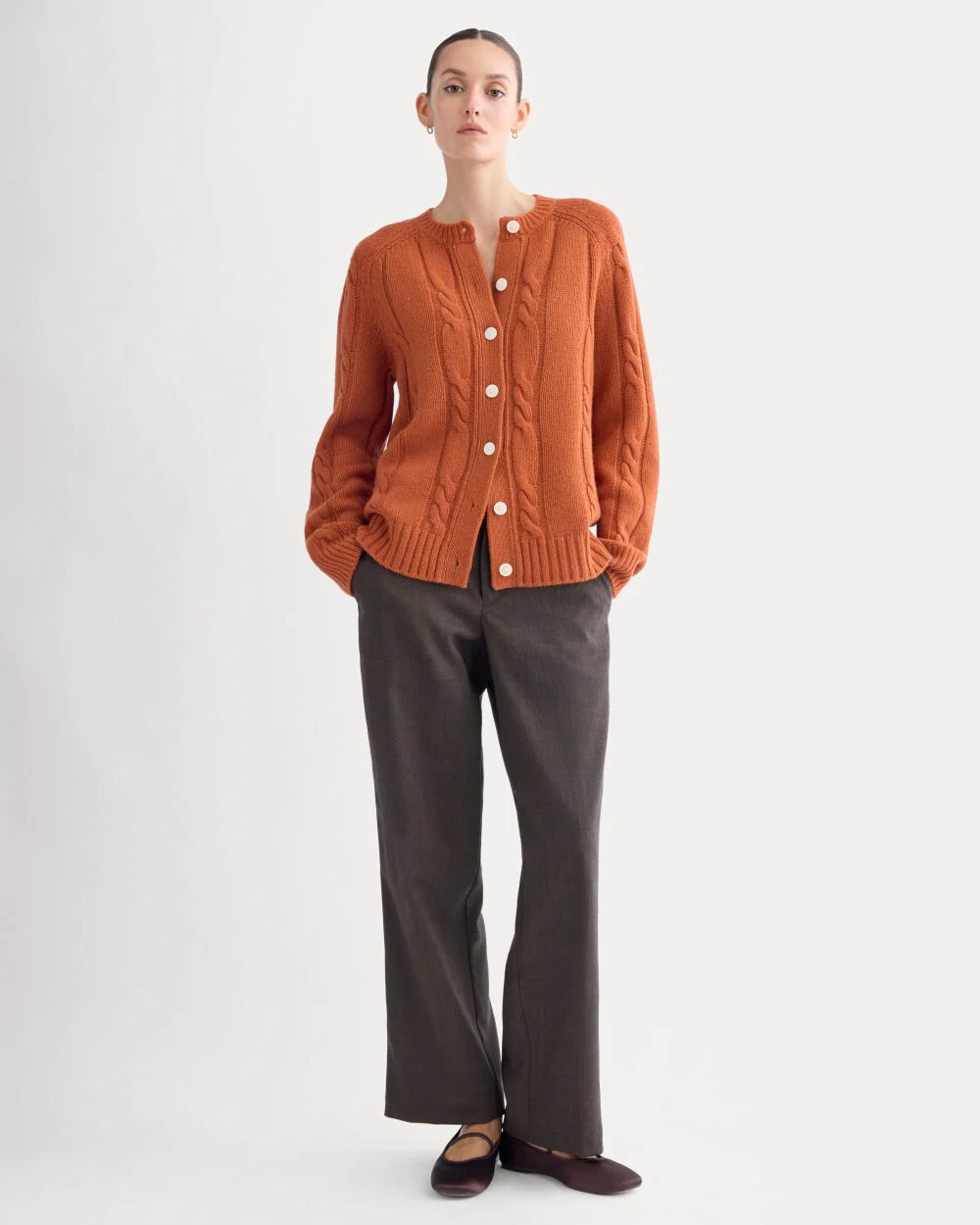 Cable Cardigan in Extrafine Luxe Merino | Rust Heather