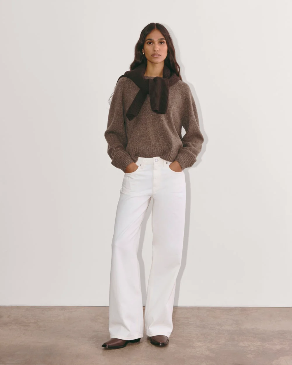 The Boxy Crew in Cashmere | Taupe Brown Donegal