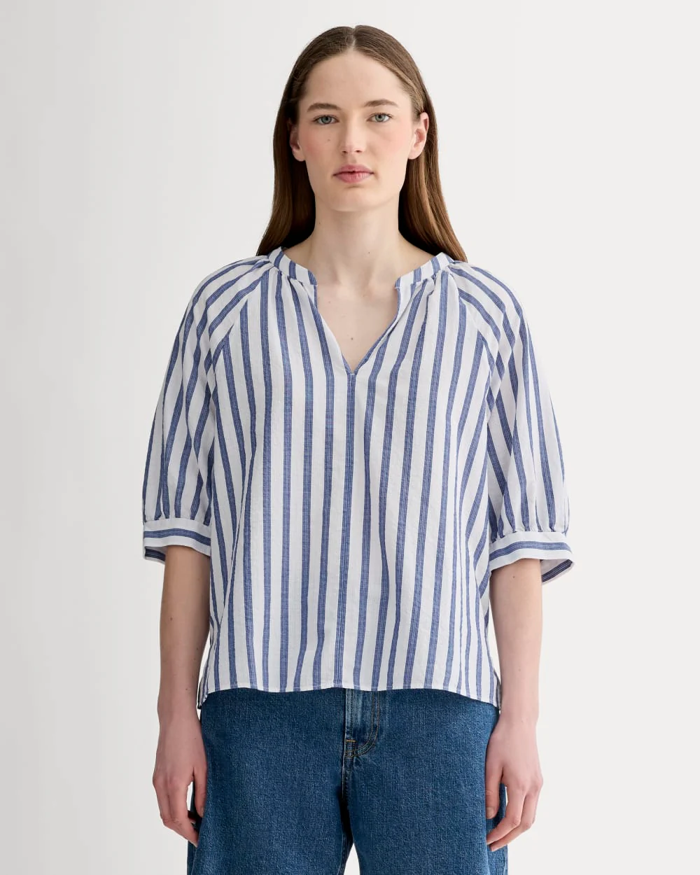 The Gauze Gathered Top | White / Mazarine Blue