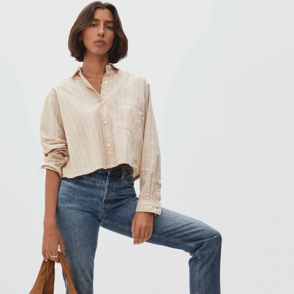 The Way-Short Shirt in Silky Cotton | Golden Brown / White