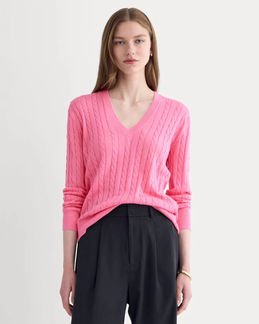 The Cable V-Neck in Cotton Cashmere | Deep Pink