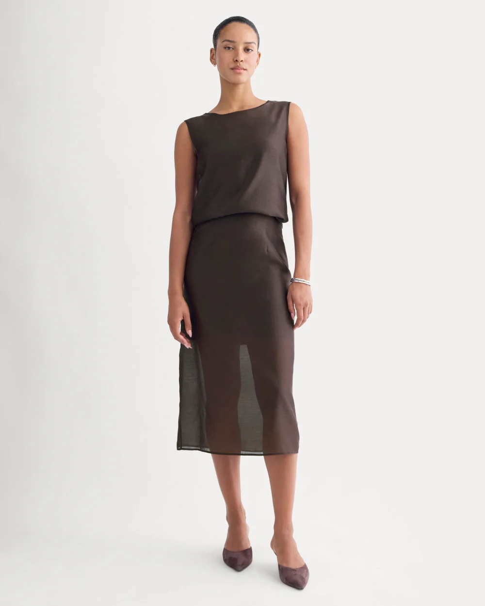 Sleeveless Top in Cotton-Silk Organza | Dark Chocolate