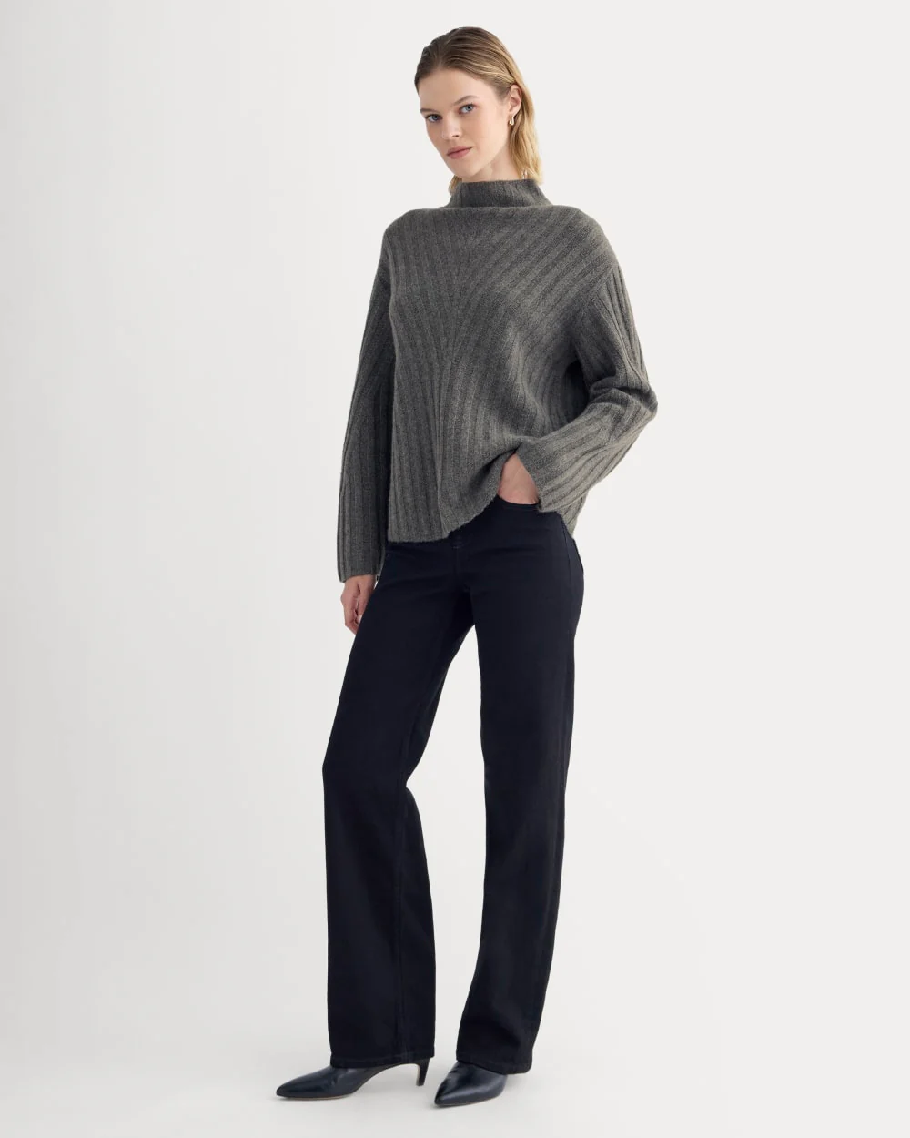 Funnel-Neck Sweater in Wool Cashmere | Heather Charcoal