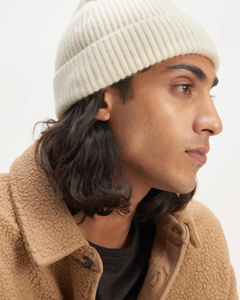 The Cashmere Fine Rib Beanie | Bone