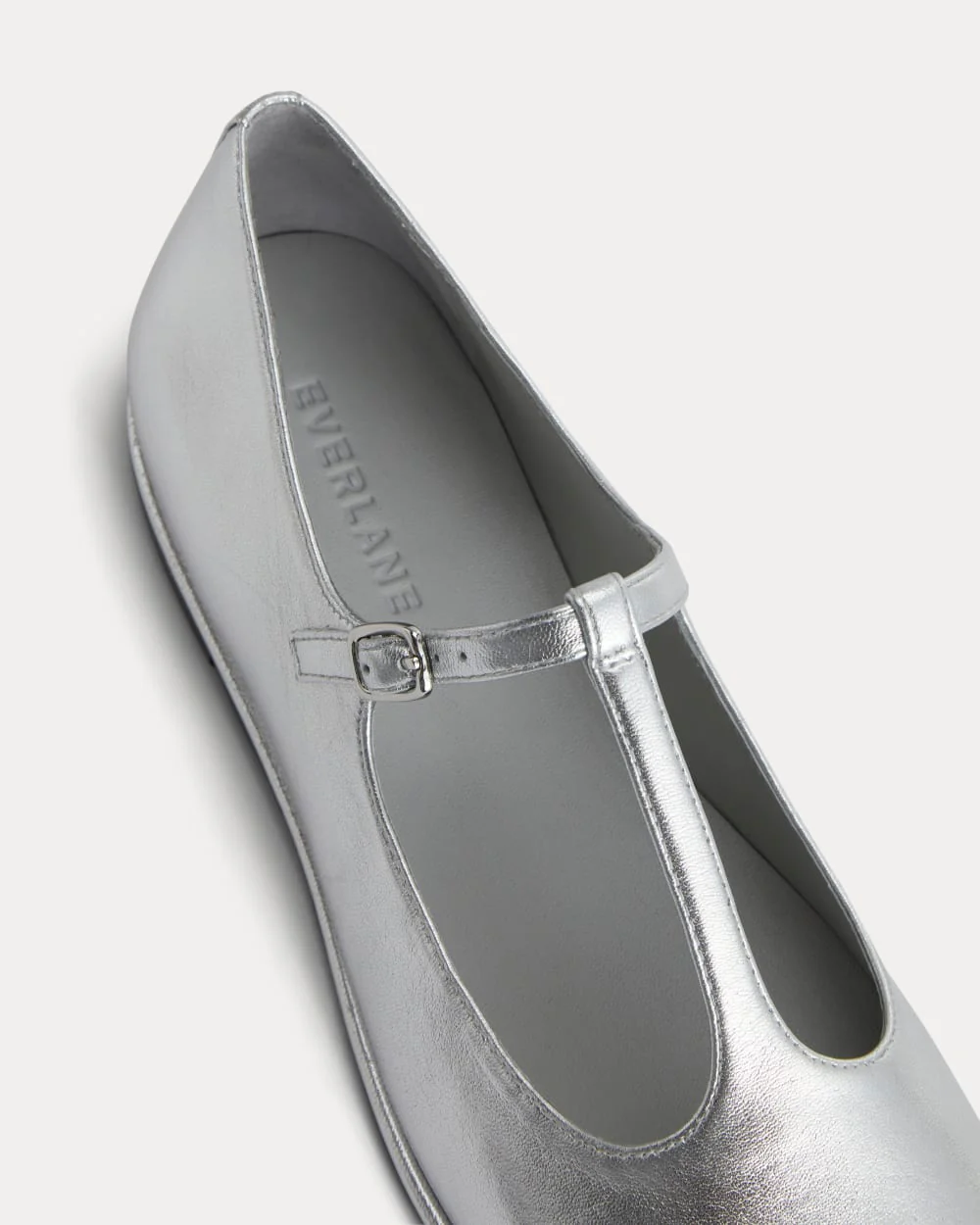 The Leather T-Strap Flat | Silver