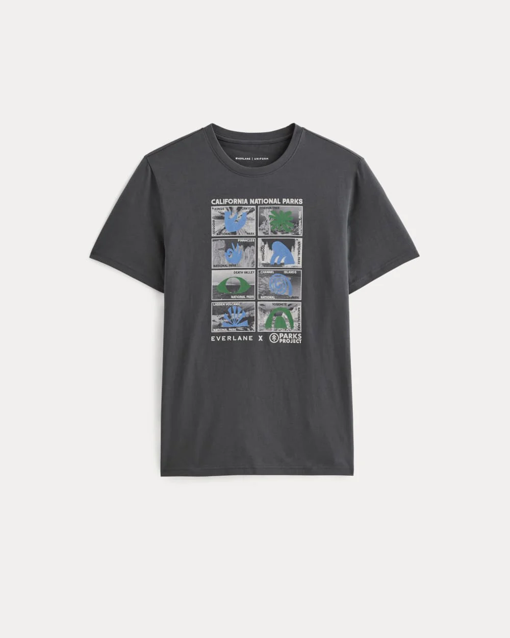 The Everlane x Parks Project Essential Organic Crew | Forged Iron / Natural / Granada Sky Blue / Green