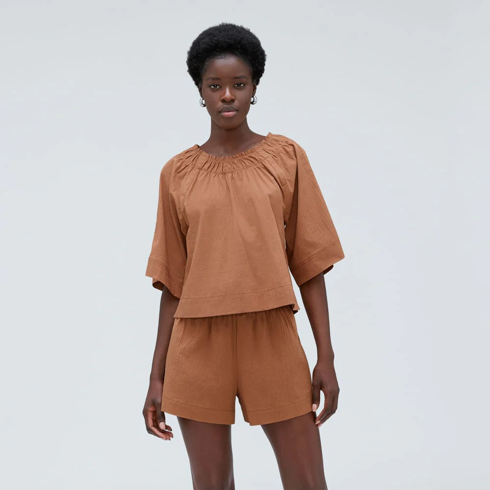 The Seersucker Gathered Tee | Tawny Brown