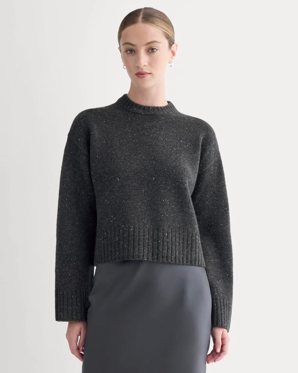Cropped Boxy Crew in Luxe Merino | Heathered Black Donegal