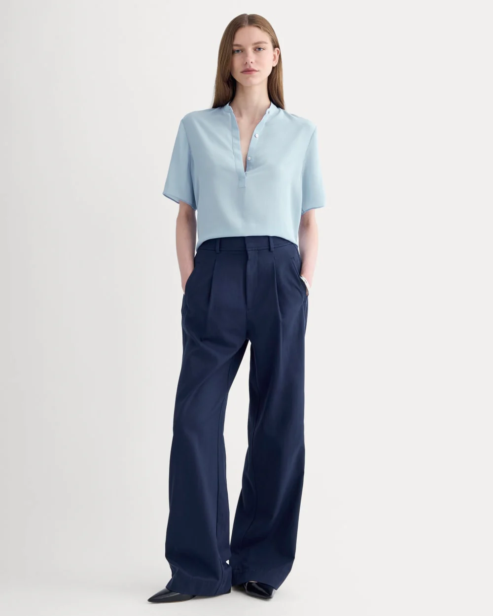 The Popover Top in Washable Silk | Soft Blue