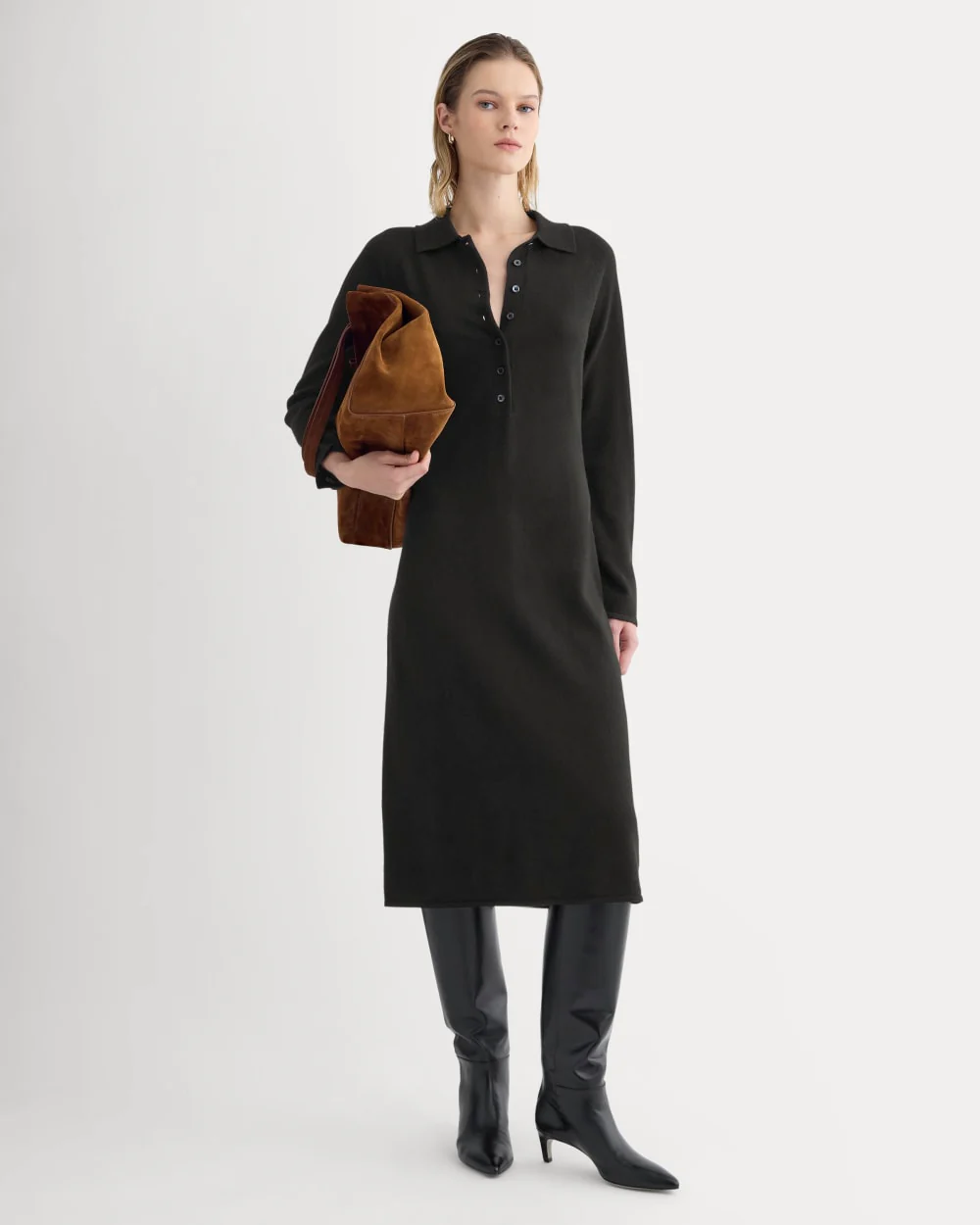 Cashmere Polo Midi Dress | Black