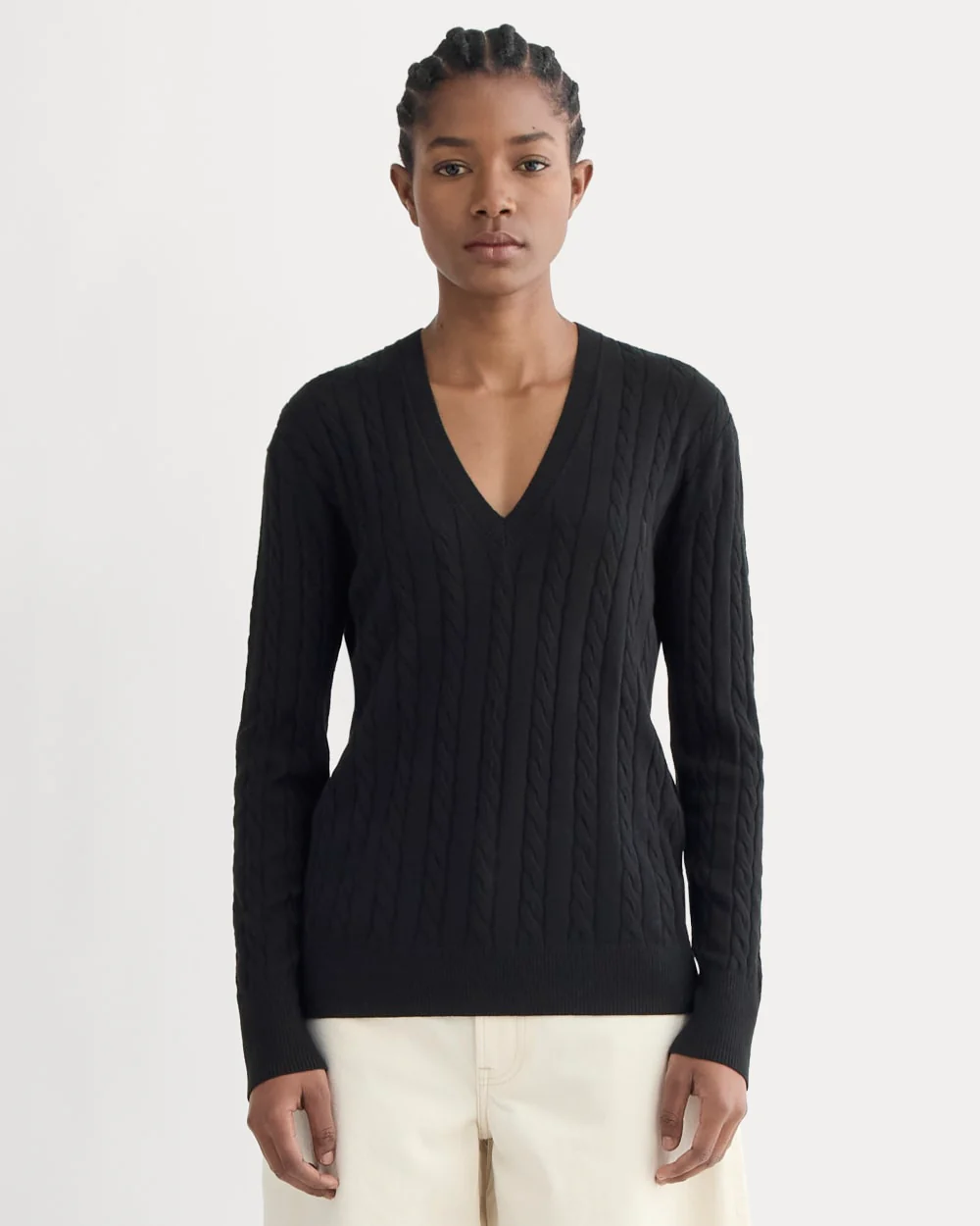 The Cable V-Neck in Cotton Cashmere | Black