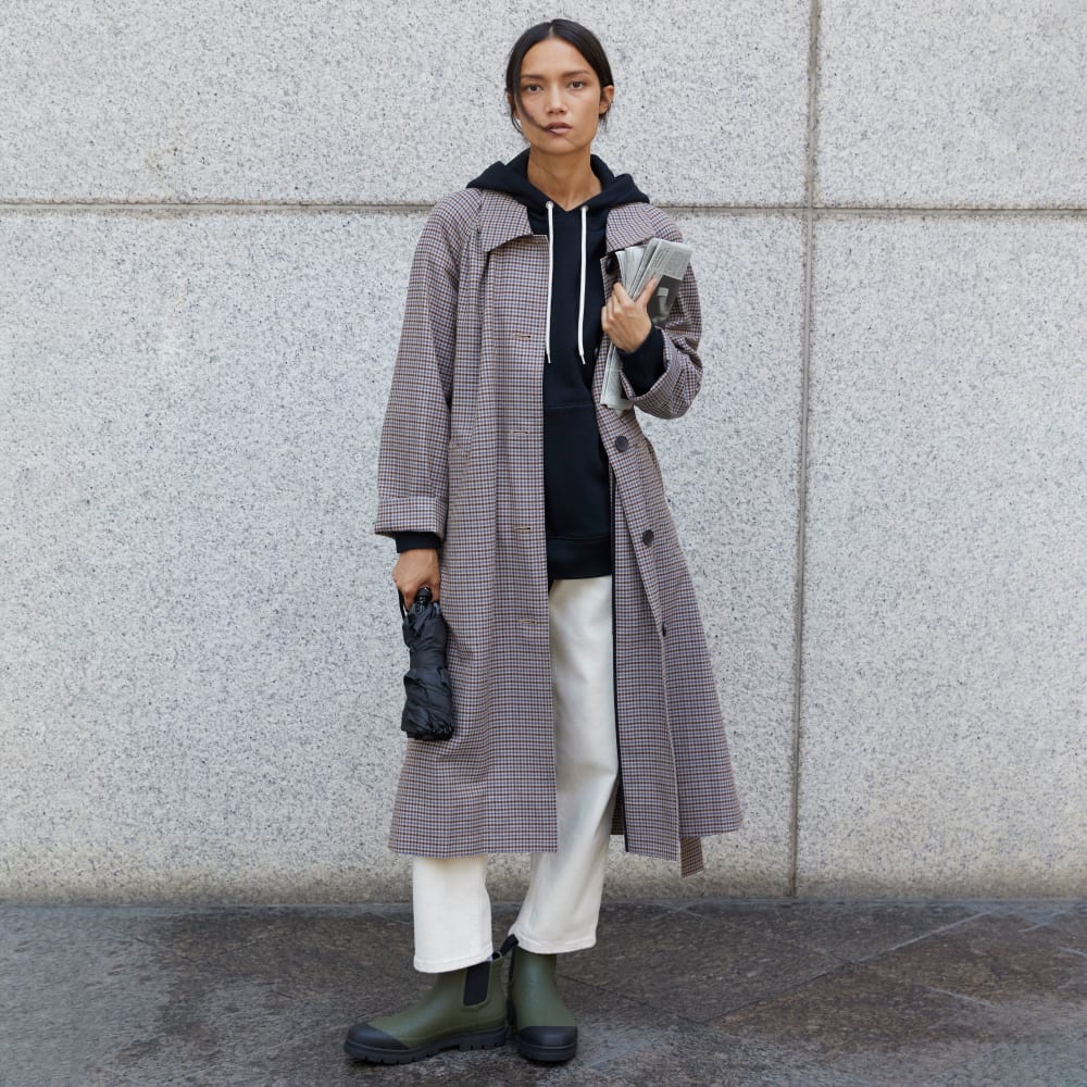 The Gathered Drape Trench | Blue / Brown Houndstooth