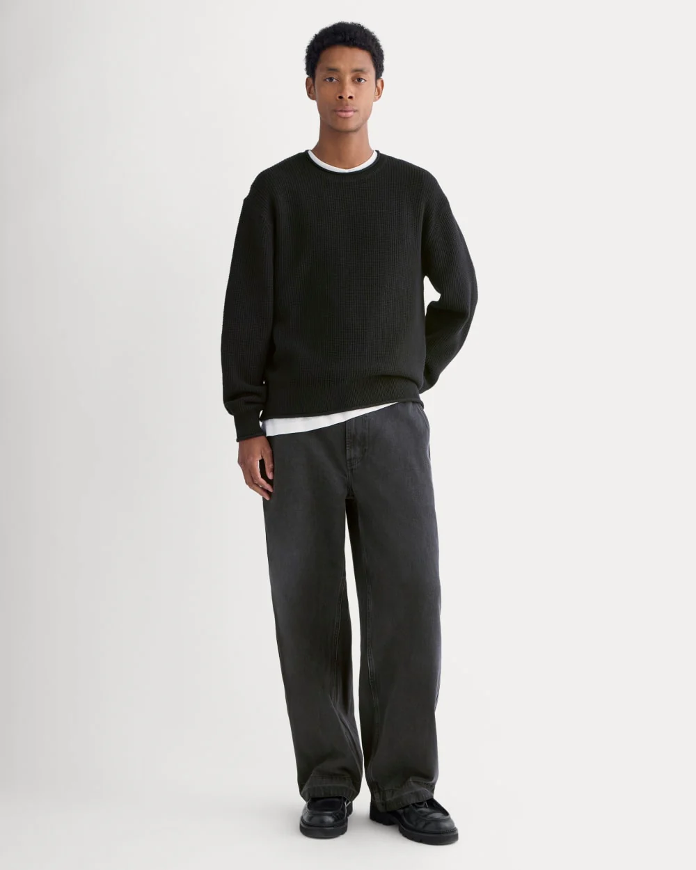 Waffle Rollneck Crew in Everyday Cotton | Black