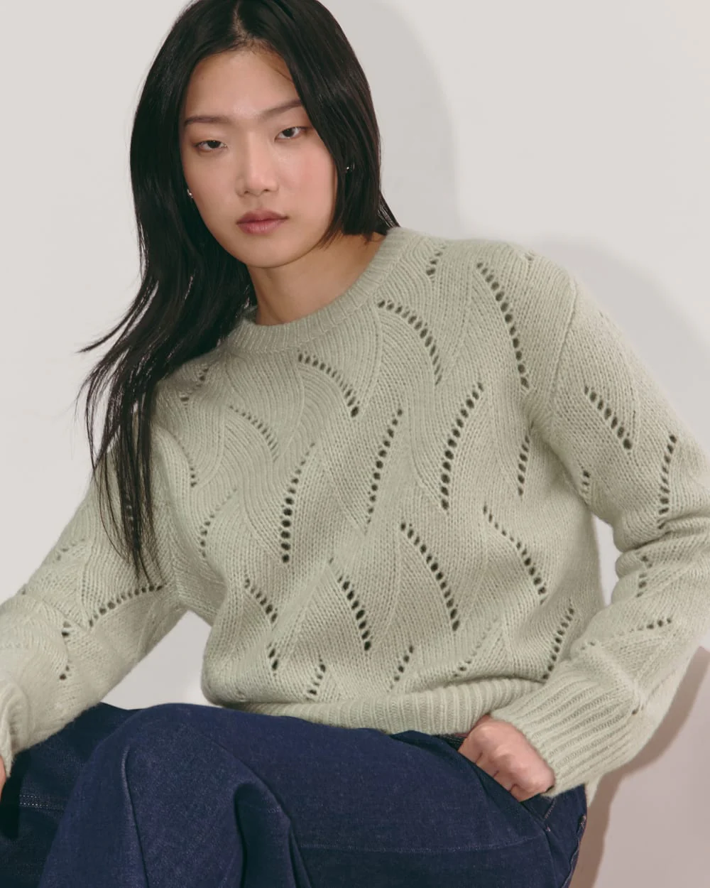 The Pointelle Sweater in Cloud | Seagrass