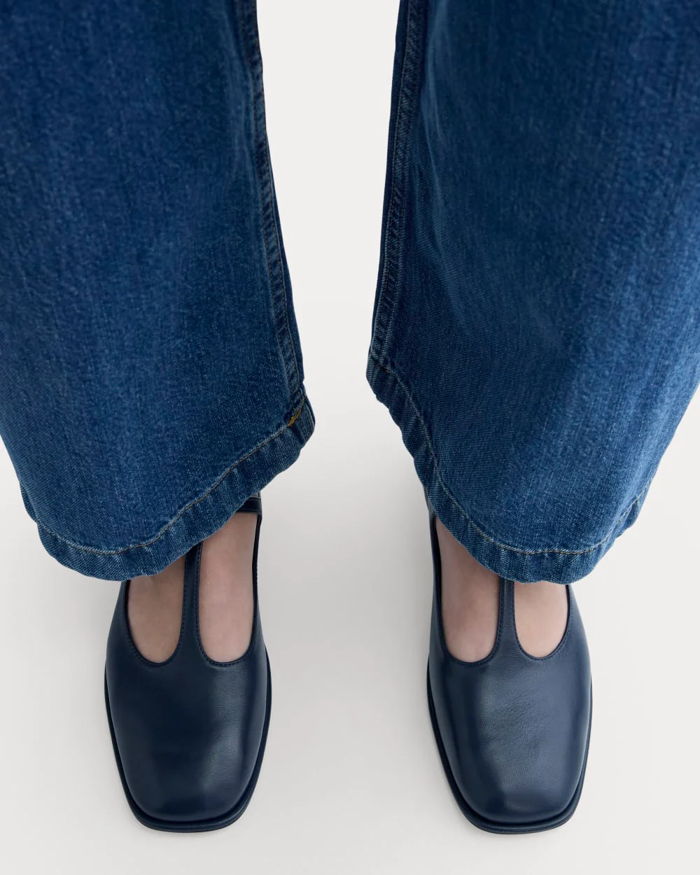 The Leather T-Strap Flat | Navy