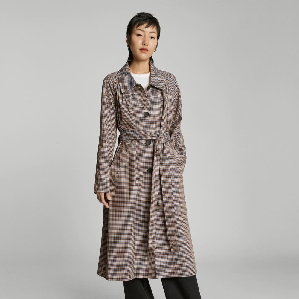 The Gathered Drape Trench | Blue / Brown Houndstooth