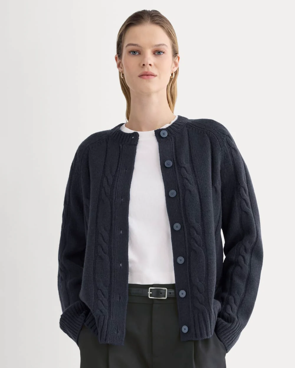 Cable Cardigan in Extrafine Luxe Merino | Navy