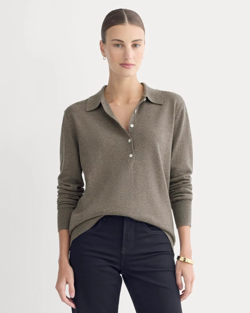 Oversized Polo Sweater in Cotton Merino | Heather Ash Taupe