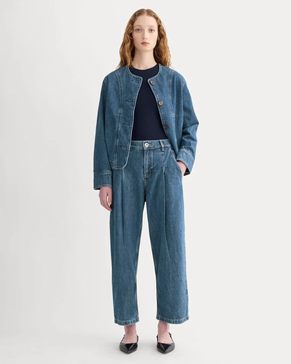 The High Rise Pleated Jean | Mid Indigo