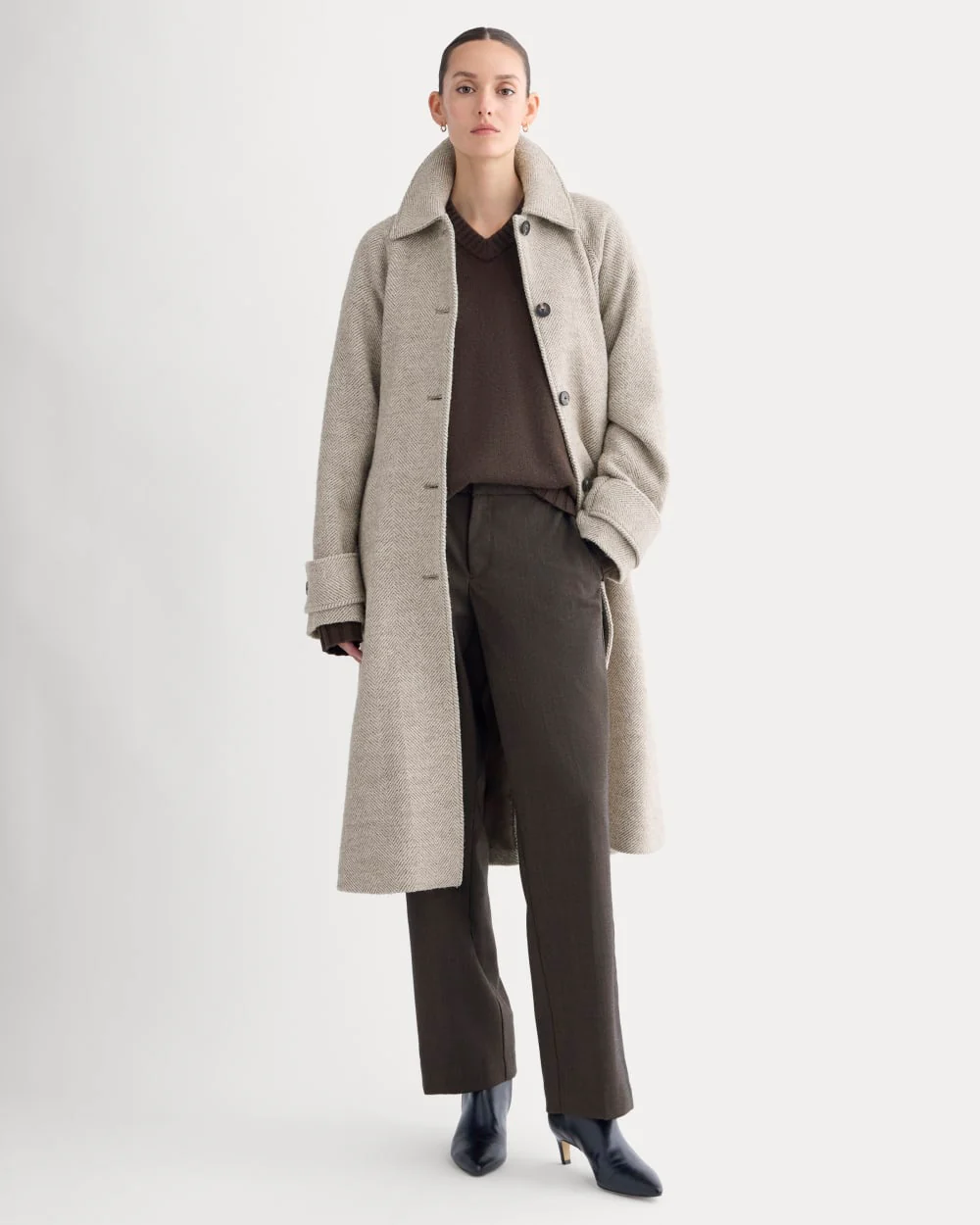 Italian Belted Overcoat | Taupe Herringbone
