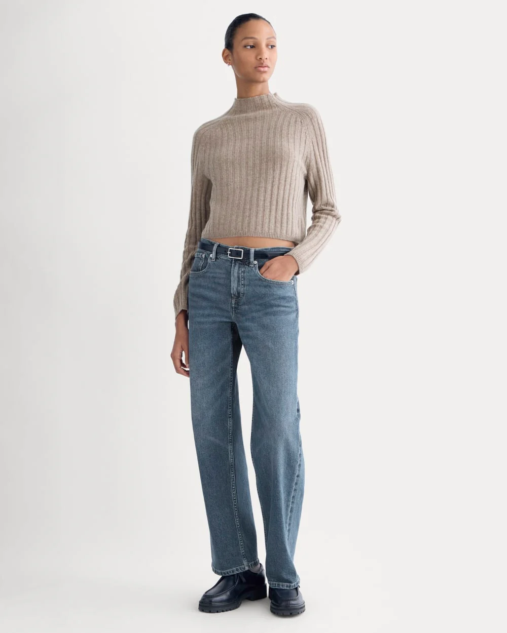Funnel-Neck Cropped Sweater in Wool Cashmere | Oatmeal