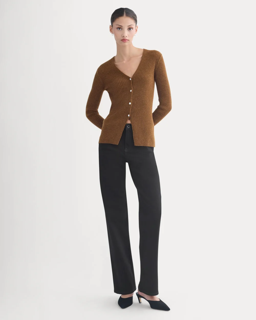 Cashmere Ribbed V-Neck Cardigan | Heathered Toffee