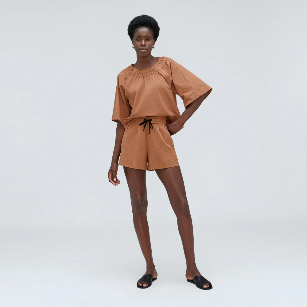 The Seersucker Gathered Tee | Tawny Brown