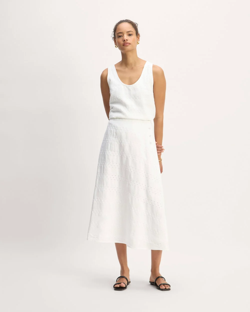 The Linen Eyelet Midi Skirt | White Eyelet