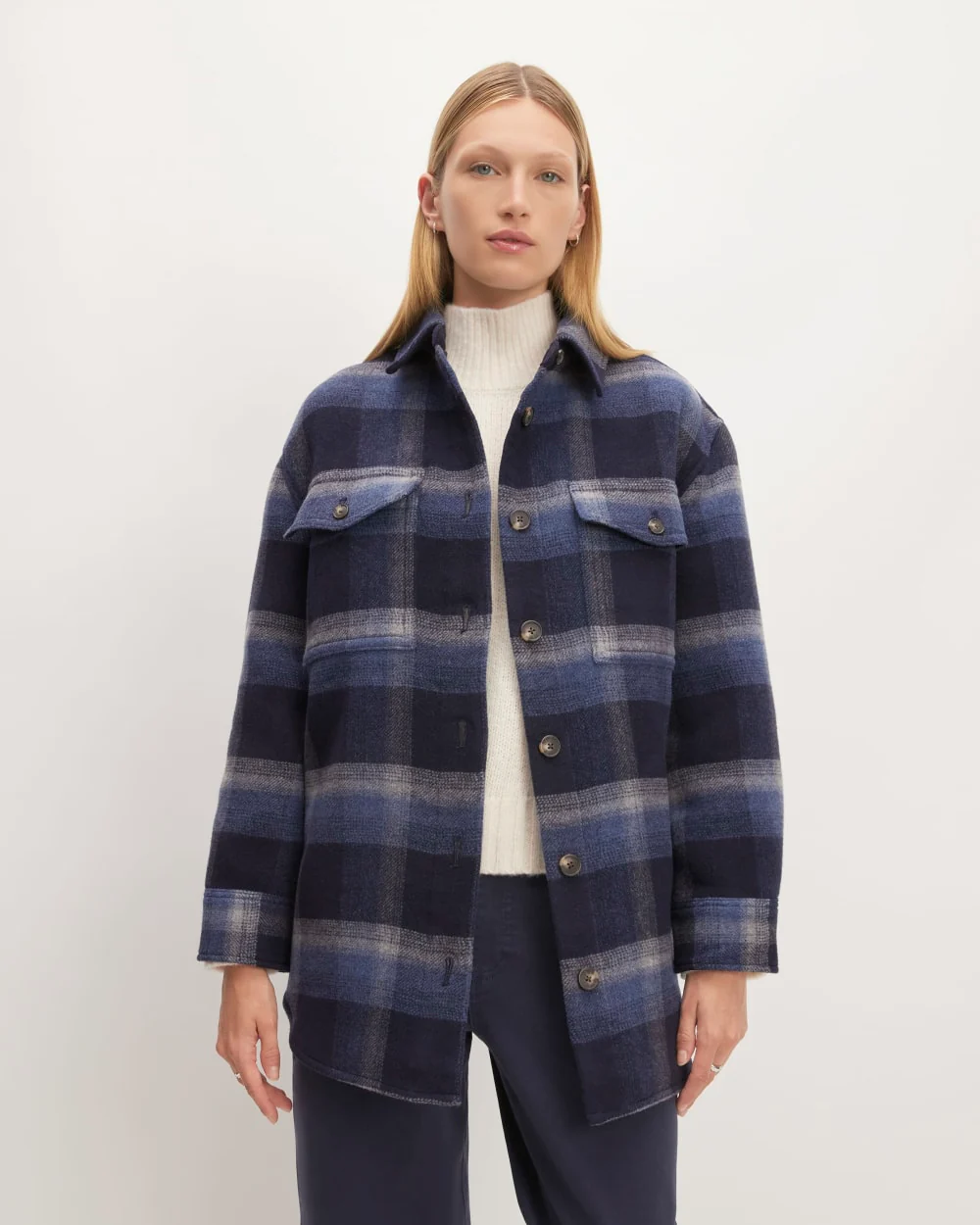 The Italian ReWool® Oversized Shirt Jacket | Navy / Shadow Plaid