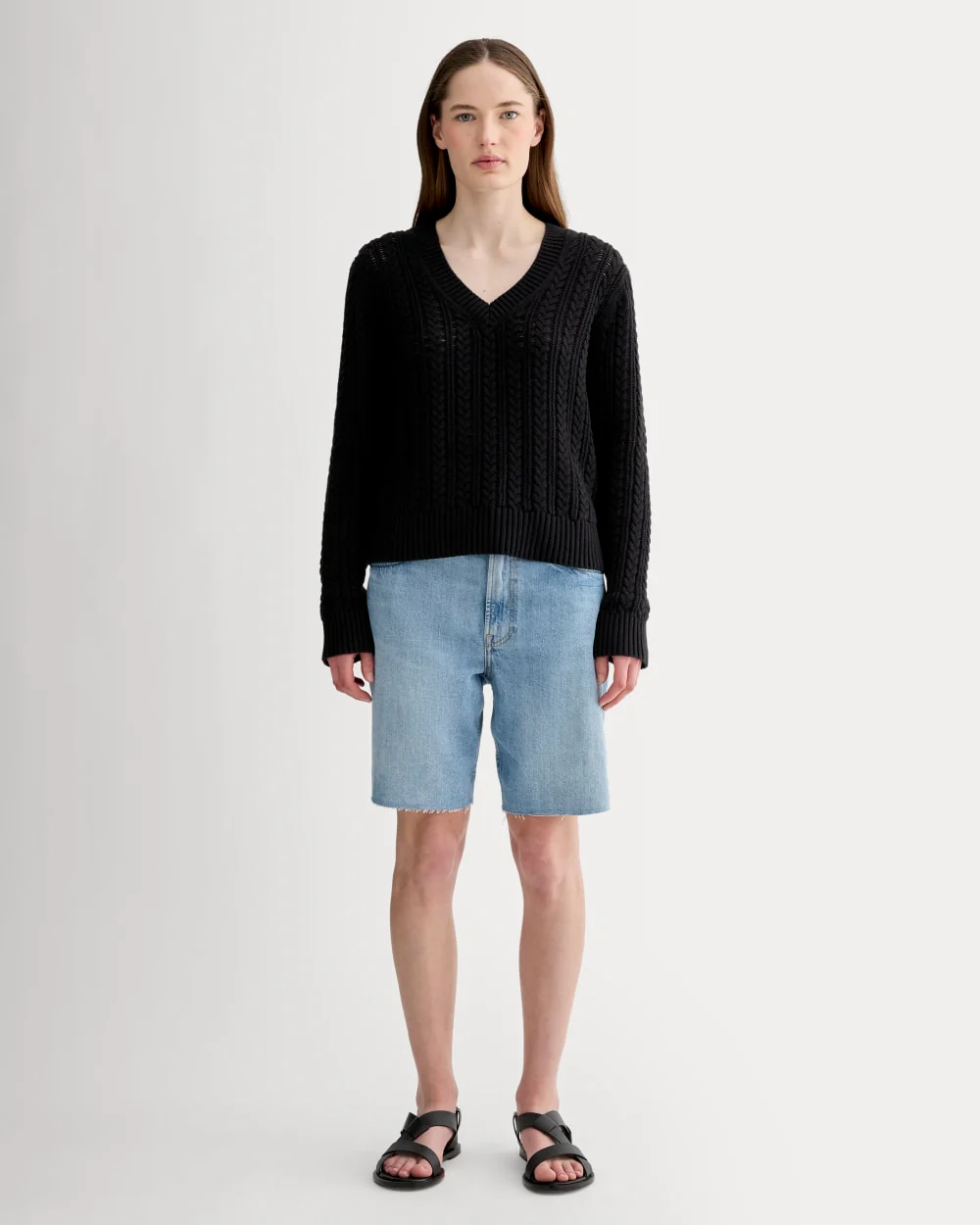 The Mesh Cable V-Neck in Everyday Cotton | Black