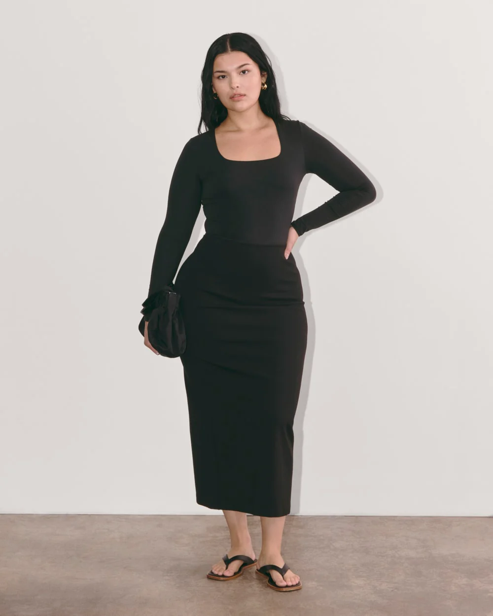 The Long-Sleeve Supima® Square-Neck Bodysuit | Black | Thong