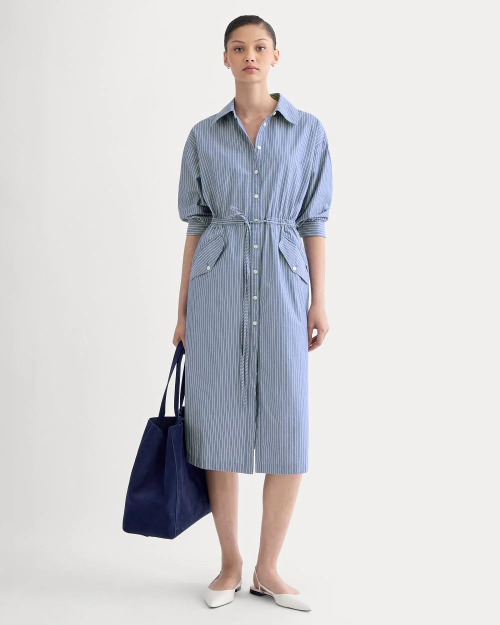 The Drawcord Shirtdress in Ultrasoft Cotton | Mazarine Blue / Optic White