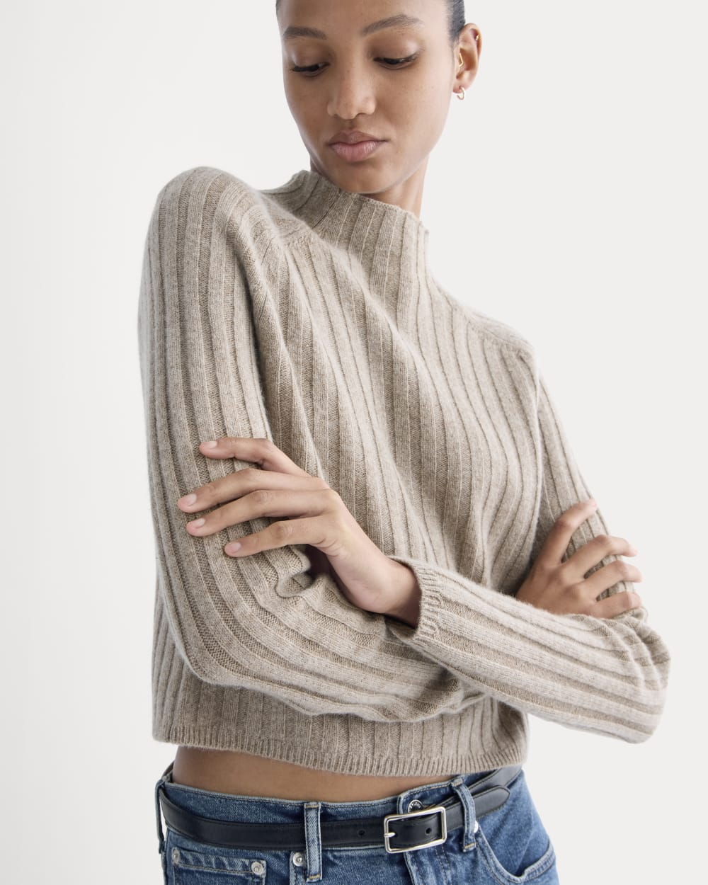 Funnel-Neck Cropped Sweater in Wool Cashmere | Oatmeal